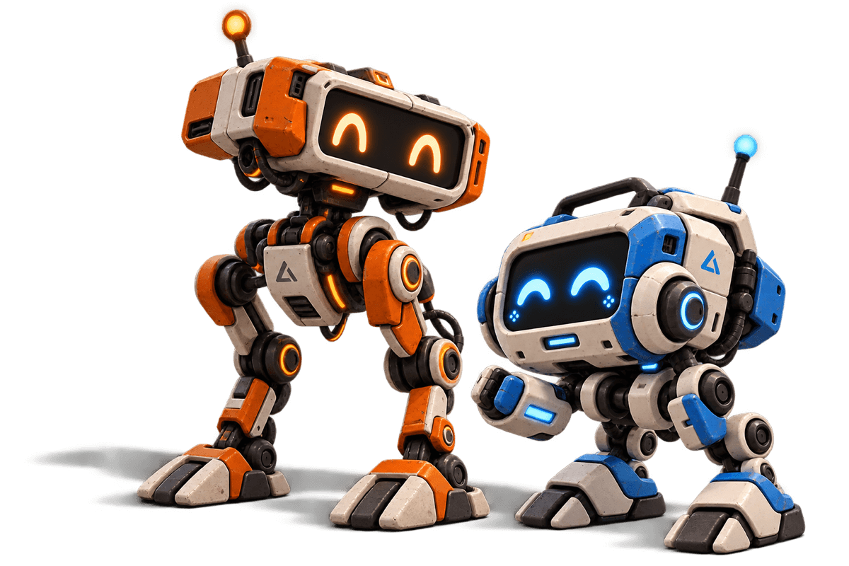 The two Bastion robots, one orange and one blue, side by side